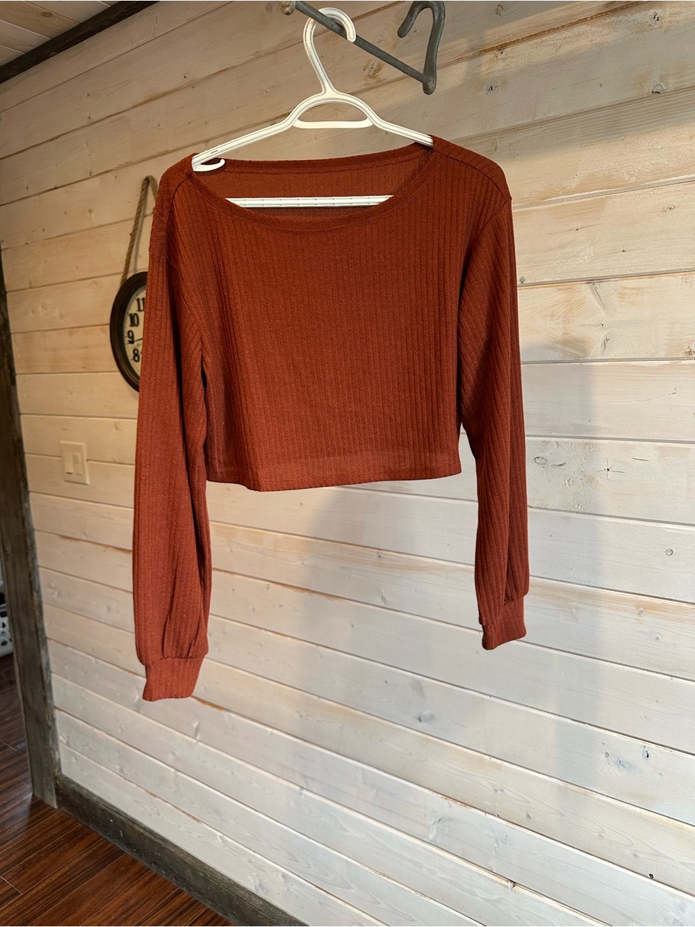 SHEIN | Rust Orange Ribbed Cropped Long Sleeve Shirt & Shorts Set